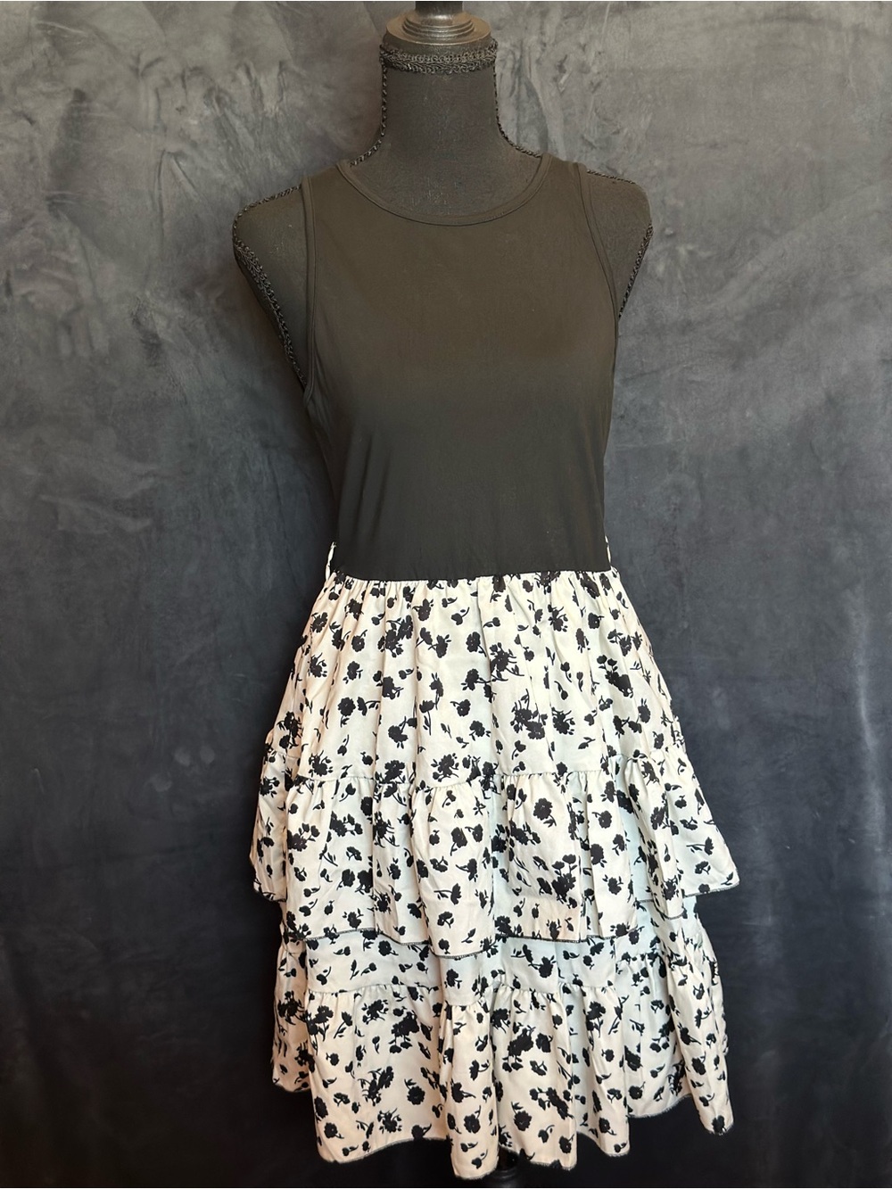 SHEIN Black Tank with White & Black Floral Tiered Skirt Dress